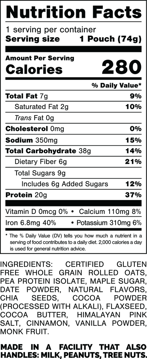 Nutrition Facts.
Serving Size: 1 Pouch (74gram).
Calories: 280.
Total Fat: 7gram 9%.
Saturated Fat: 2gram 10%.
Trans Fat: 0gram.
Cholesterol: 45mg 15%.
Sodium: 350mg 15%.
Total Carbohydrates: 38gram 14%.
Dietary Fiber: 6gram 21%.
Total Sugars: 9gram.
Includes: 6gram Added Sugars 12%.
Protein: 20gram 37%.
Vitamin D: 0mcg 0%.
Calcium: 110mg 8%.
Iron: 6.8mg 40%.
Potassium: 310mg 6%.
INGREDIENTS: CERTIFIED GLUTEN FREE WHOLE GRAIN ROLLED OATS, PEA PROTEIN ISOLATE, MAPLE SUGAR, DATE POWDER, NATURAL FLAVORS, CHIA SEEDS, COCOA POWDER (PROCESSED WITH ALKALI), FLAXSEED, COCOA BUTTER, HIMALAYAN PINK SALT, CINNAMON, VANILLA POWDER, MONK FRUIT.
MADE IN A FACILITY THAT ALSO HANDLES: MILK, PEANUTS, TREE NUTS.
