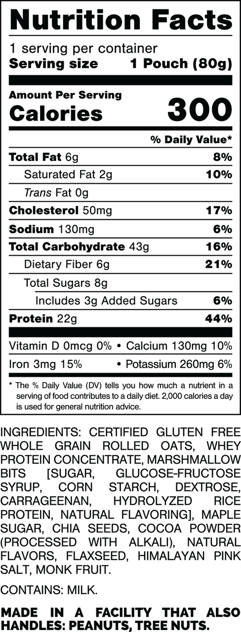 Nutrition Facts.
Serving Size: 1 Pouch (80gram).
Calories: 300.
Total Fat: 6gram 8%.
Saturated Fat: 2gram 10%.
Trans Fat: 0gram.
Cholesterol: 50mg 17%.
Sodium: 130mg 6%.
Total Carbohydrates: 43gram 16%.
Dietary Fiber: 6gram 21%.
Total Sugars: 8gram.
Includes: 3gram Added Sugars 6%.
Protein: 22gram 44%.
Vitamin D: 0mcg 0%.
Calcium: 130mg 10%.
Iron: 3mg 15%.
Potassium: 260mg 6%.

INGREDIENTS; CERTIFIED GLUTEN FREE WHOLE GRAIN ROLLED OATS, WHEY PROTEIN CONCENTRATE, MARSHMALLOW BITS [SUGAR, GLUCOSE-FRUCTOSE
SYRUP, CORN STARCH, DEXTROSE CARRAGEENAN, HYDROLYZED RICE PROTEIN, NATURAL FLAVORING], MAPLE SUGAR, CHIA SEEDS, COCOA POWDER (PROCESSED WITH ALKALI), NATURAL FLAVORS, FLAXSEED, HIMALAYAN PINK SALT, MONK FRUIT.

CONTAINS: MILK.

MADE IN A FACILITY THAT ALSO HANDLES: PEANUTS, TREE NUTS.