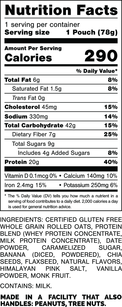 Nutrition Facts.
Serving Size: 1 Pouch (78gram).
Calories: 290.
Total Fat: 6gram 8%.
Saturated Fat: 1.5gram 8%.
Trans Fat: 0gram.
Cholesterol: 45mg 15%.
Sodium: 330mg 14%.
Total Carbohydrates: 42gram 15%.
Dietary Fiber: 7gram 25%.
Total Sugars: 9gram.
Includes: 4gram Added Sugars 8%.
Protein: 20gram 40%.
Vitamin D: 0.1mcg 0%.
Calcium: 140mg 10%.
Iron: 2.4mg 15%.
Potassium: 250mg 6%.
INGREDIENTS: CERTIFIED GLUTEN FREE WHOLE GRAIN ROLLED OATS, PROTEIN BLEND (WHEY PROTEIN CONCENTRATE, MILK PROTEIN CONCENTRATE), DATE POWDER, CARAMELIZED SUGAR, BANANA (DICED, POWDERED), CHIA SEEDS, FLAXSEED, NATURAL FLAVORS, HIMALAYAN PINK SALT, VANILLA POWDER, MONK FRUIT.
CONTAINS: MILK.
MADE IN A FACILITY THAT ALSO HANDLES: PEANUTS, TREE NUTS.