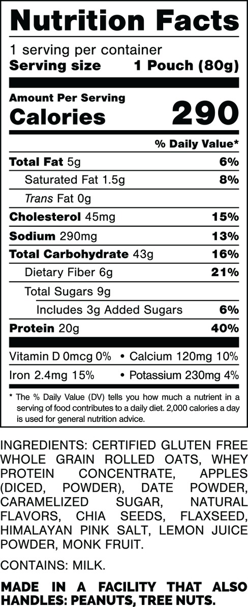 Nutrition Facts.
Serving Size: 1 Pouch (80gram).
Calories: 290.
Total Fat: 5gram 6%.
Saturated Fat: 1.5gram 8%.
Trans Fat: 0gram.
Cholesterol: 45mg 15%.
Sodium: 290mg 13%.
Total Carbohydrates: 43gram 16%.
Dietary Fiber: 6gram 21%.
Total Sugars: 9gram.
Includes: 3gram Added Sugars 6%.
Protein: 20gram 40%.
Vitamin D: 0mcg 0%.
Calcium: 120mg 10%.
Iron: 2.4mg 15%.
Potassium: 230mg 4%.
INGREDIENTS: CERTIFIED GLUTEN FREE WHOLE GRAIN ROLLED OATS, WHEY PROTEIN CONCENTRATE, APPLES (DICED, POWDER), DATE POWDER, CARAMELIZED SUGAR, NATURAL FLAVORS, CHIA SEEDS, FLAXSEED, HIMALAYAN PINK SALT, LEMON JOICE POWDER, MONK FRUIT.
CONTAINS: MILK.
MADE IN A FACILITY THAT ALSO HANDLES: PEANUTS, TREE NUTS.