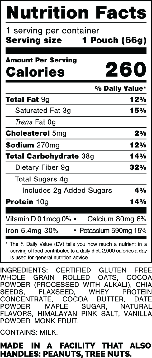 Nutrition Facts.
Serving Size: 1 Pouch (66gram).
Calories: 260.
Total Fat: 9gram 12%.
Saturated Fat: 3gram 15%.
Trans Fat: 0gram.
Cholesterol: 5mg 1%.
Sodium: 270mg 12%.
Total Carbohydrates: 38gram 14%.
Dietary Fiber: 9gram 32%.
Total Sugars: 4gram.
Includes: 2gram Added Sugars 4%.
Protein: 10gram 14%.
Vitamin D: 0.1mcg 0%.
Calcium: 80mg 6%.
Iron: 5.4mg 30%.
Potassium: 590mg 15%.

INGREDIENTS: CERTIFIED GLUTEN FREE WHOLE GRAIN ROLLED OATS, COCOA POWDER (PROCESSED WITH ALKALI), CHIA SEEDS, FLAXSEED, WHEY PROTEIN CONCENTRATE, COCOA BUTTER, DATE POWDER, MAPLE SUGAR, NATURAL FLAVORS, HIMALAYAN PINK SALT, VANILLA POWDER, MONK FRUIT.

CONTAINS: MILK.

MADE IN A FACILITY THAT ALSO HANDLES: PEANUTS, TREE NUTS.