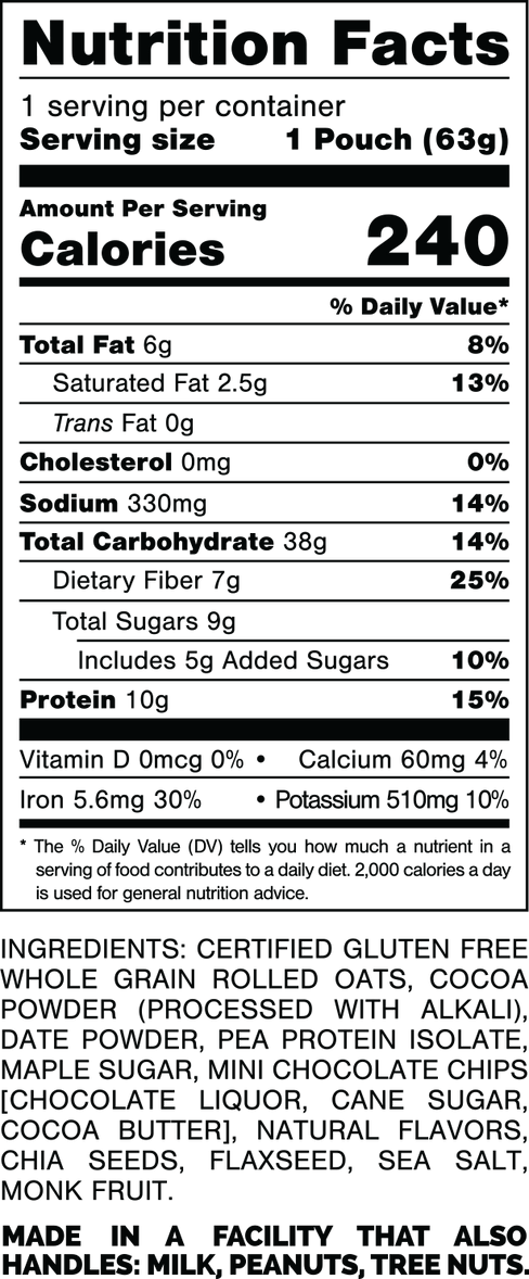 Nutrition Facts.
Serving Size: 1 Pouch (63gram).
Calories: 240.
Total Fat: 6gram 8%.
Saturated Fat: 2.5gram 13%.
Trans Fat: 0gram.
Cholesterol: 0mg 0%.
Sodium: 330mg 14%.
Total Carbohydrates: 38gram 14%.
Dietary Fiber: 7gram 25%.
Total Sugars: 9gram.
Includes: 5gram Added Sugars 10%.
Protein: 10gram 15%.
Vitamin D: 0mcg 0%.
Calcium: 60mg 4%.
Iron: 5.6mg 30%.
Potassium: 510mg 10%.

INGREDIENTS: CERTIFIED GLUTEN FREE WHOLE GRAIN ROLLED OATS, COCOA POWDER (PROCESSED WITH ALKALI), DATE POWDER, PEA PROTEIN ISOLATE, MAPLE SUGAR, MINI CHOCOLATE CHIPS [CHOCOLATE LIQUOR, CANE SUGAR, COCOA BUTTER), NATURAL FLAVORS, CHIA SEEDS, FLAXSEED, SEA SALT, MONK FRUIT.

MADE IN A FACILITY THAT ALSO HANDLES: MILK, PEANUTS, TREE NUTS.