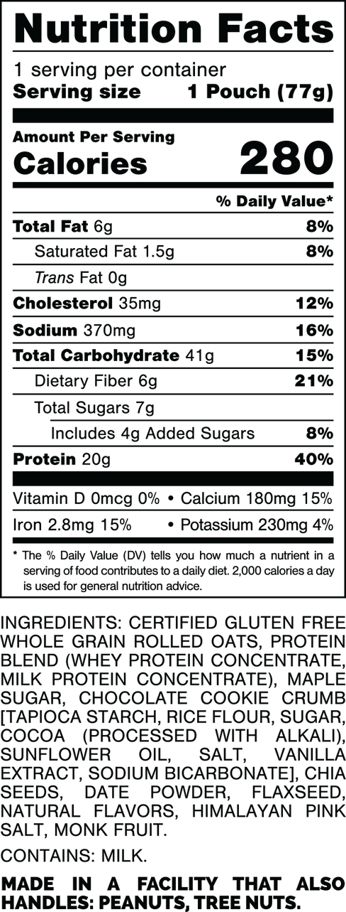 Nutrition Facts.
Serving Size: 1 Pouch (77gram).
Calories: 280.
Total Fat: 6gram 8%.
Saturated Fat: 1.5gram 8%.
Trans Fat: 0gram.
Cholesterol: 35mg 12%.
Sodium: 370mg 16%.
Total Carbohydrates: 41gram 15%.
Dietary Fiber: 6gram 21%.
Total Sugars: 7gram.
Includes: 4gram Added Sugars 8%.
Protein: 20gram 40%.
Vitamin D: 0mcg 0%.
Calcium: 180mg 15%.
Iron: 2.8mg 15%.
Potassium: 230mg 4%.

INGREDIENTS: CERTIFIED GLUTEN FREE WHOLE GRAIN ROLLED OATS, PROTEIN BLEND (WHEY PROTEIN CONCENTRATE, MILK PROTEIN CONCENTRATE), MAPLE SUGAR, COOKIE CRUMB [TAPIOCA STARCH, RICE FLOWER, SUGAR, COCOA (PROCESSED WITH ALKALI) SUNFLOWER OIL, SALT, VANILLA EXTRACT, SODIUM BICARBONATE], CHIA SEEDS, DATE POWDER, FLAXSEED, NATURAL FLAVORS, HIMALAYAN PINK SALT, MONK FRUIT.

CONTAINS: MILK.

MADE IN A FACILITY THAT ALSO HANDLES: PEANUTS, TREE NUTS.