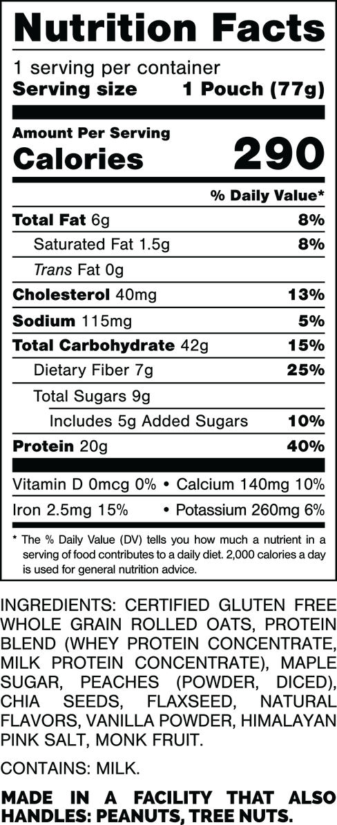 Nutrition Facts.
Serving Size: 1 Pouch (77gram).
Calories: 290.
Total Fat: 6gram 8%.
Saturated Fat: 1.5gram 8%.
Trans Fat: 0gram.
Cholesterol: 40mg 13%.
Sodium: 115mg 5%.
Total Carbohydrates: 42gram 15%.
Dietary Fiber: 7gram 25%.
Total Sugars: 9gram.
Includes: 5gram Added Sugars 10%.
Protein: 20gram 40%.
Vitamin D: 0mcg 0%.
Calcium: 140mg 10%.
Iron: 2.5mg 15%.
Potassium: 260mg 6%.

INGREDIENTS: CERTIFIED GLUTEN FREE WHOLE GRAIN ROLLED OATS, PROTEIN BLEND (WHEY PROTEIN CONCENTRATE, MILK PROTEIN CONCENTRATE), MAPLE SUGAR, PEACHES (POWDER, DICED), CHIA SEEDS, FLAXSEED, NATURAL FLAVORS, VANILLA POWDER, HIMALAYAN PINK SALT, MONK FRUIT.

CONTAINS: MILK.

MADE IN A FACILITY THAT ALSO HANDLES: PEANUTS, TREE NUTS.