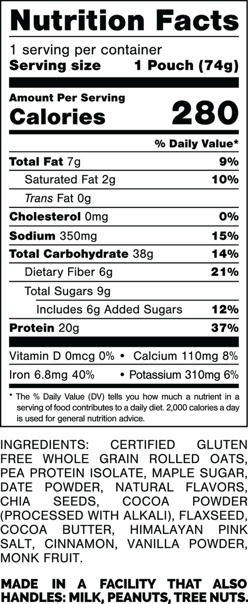 Nutrition Facts.
Serving Size: 1 Pouch (74gram).
Calories: 280.
Total Fat: 7gram 9%.
Saturated Fat: 2gram 10%.
Trans Fat: 0gram.
Cholesterol: 45mg 15%.
Sodium: 350mg 15%.
Total Carbohydrates: 38gram 14%.
Dietary Fiber: 6gram 21%.
Total Sugars: 9gram.
Includes: 6gram Added Sugars 12%.
Protein: 20gram 37%.
Vitamin D: 0mcg 0%.
Calcium: 110mg 8%.
Iron: 6.8mg 40%.
Potassium: 310mg 6%.

INGREDIENTS: CERTIFIED GLUTEN FREE WHOLE GRAIN ROLLED OATS, PEA PROTEIN ISOLATE, MAPLE SUGAR, DATE POWDER, NATURAL FLAVORS, CHIA SEEDS, COCOA POWDER (PROCESSED WITH ALKALI), FLAXSEED, COCOA BUTTER, HIMALAYAN PINK SALT, CINNAMON, VANILLA POWDER, MONK FRUIT.

MADE IN A FACILITY THAT ALSO HANDLES: MILK, PEANUTS, TREE NUTS.