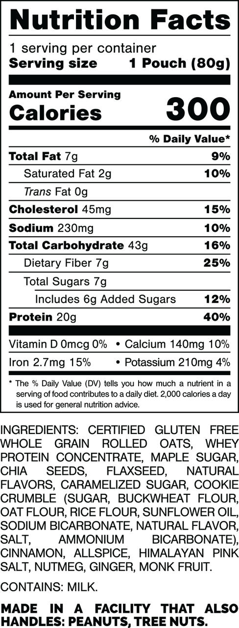 Nutrition Facts.
Serving Size: 1 Pouch (80gram).
Calories: 300.
Total Fat: 7gram 9%.
Saturated Fat: 2gram 10%.
Trans Fat: 0gram.
Cholesterol: 45mg 15%.
Sodium: 230mg 10%.
Total Carbohydrates: 43gram 16%.
Dietary Fiber: 7gram 25%.
Total Sugars: 7gram.
Includes: 6gram Added Sugars 12%.
Protein: 20gram 40%.
Vitamin D: 0mcg 0%.
Calcium: 140mg 10%.
Iron: 2.7mg 15%.
Potassium: 210mg 4%.

INGREDIENTS: CERTIFIED GLUTEN FREE WHOLE GRAIN ROLLED OATS,  WHEY PROTEIN CONCENTRATE, MAPLE SUGAR CHIA SEEDS. FLAXSEED, NATURAL FLAVORS, CARAMELIZED SUGAR, COOKE CRUMBLE (SUGAR, BUCKWHEAT FLOUR, OAT FLOUR, RICE FLOUR, SUNFLOWER OIL, SODIUM BICARBONATE, NATURAL FLAVOR SALT, AMMONIUM BICARBONATE), CINNAMON, ALLSPICE, HIMALAYAN PINK SALT, NUTMEG, GINGER, MONK FRUIT.

CONTAINS: MILK.

MADE IN A FACILITY THAT ALSO HANDLES: PEANUTS, TREE NUTS.