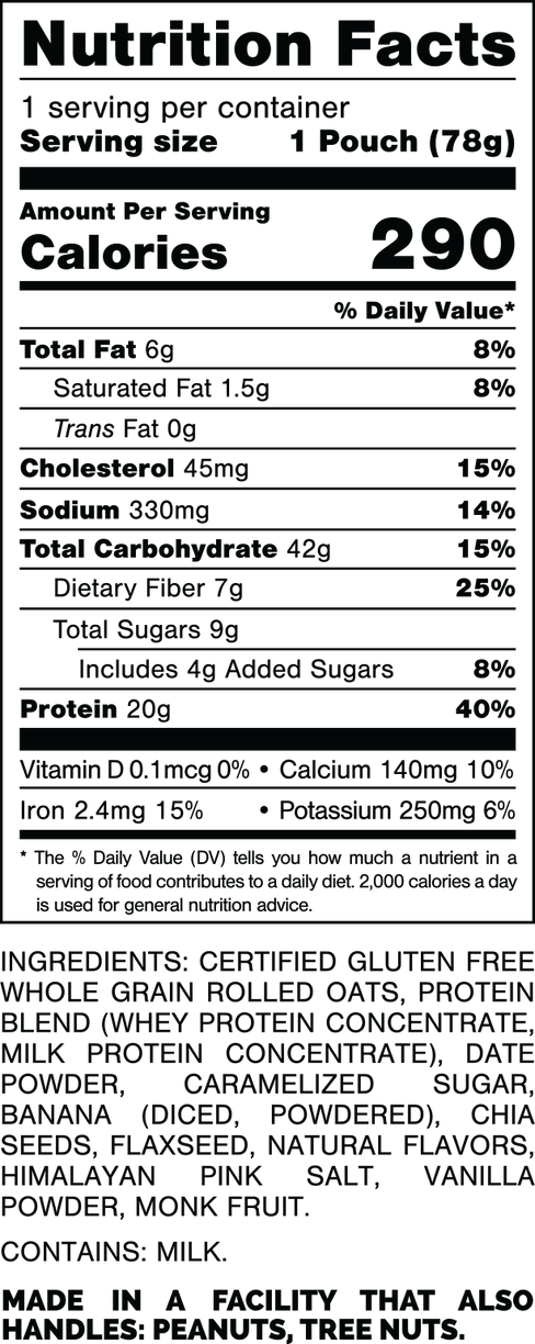 Nutrition Facts.
Serving Size: 1 Pouch (78gram).
Calories: 290.
Total Fat: 6gram 8%.
Saturated Fat: 1.5gram 8%.
Trans Fat: 0gram.
Cholesterol: 45mg 15%.
Sodium: 330mg 14%.
Total Carbohydrates: 42gram 15%.
Dietary Fiber: 7gram 25%.
Total Sugars: 9gram.
Includes: 4gram Added Sugars 8%.
Protein: 20gram 40%.
Vitamin D: 0.1mcg 0%.
Calcium: 140mg 10%.
Iron: 2.4mg 15%.
Potassium: 250mg 6%.

INGREDIENTS: CERTIFIED GLUTEN FREE WHOLE GRAIN ROLLED OATS, PROTEIN BLEND (WHEY PROTEIN CONCENTRATE, MILK PROTEIN CONCENTRATE), DATE POWDER, CARAMELIZED SUGAR, BANANA (DICED, POWDERED), CHIA SEEDS, FLAXSEED, NATURAL FLAVORS, HIMALAYAN PINK SALT, VANILLA POWDER, MONK FRUIT.

CONTAINS: MILK.

MADE IN A FACILITY THAT ALSO HANDLES: PEANUTS, TREE NUTS.