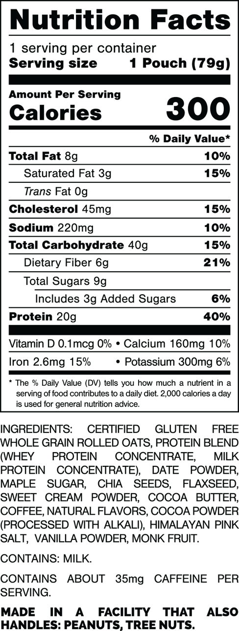 Nutrition Facts.
Serving Size: 1 Pouch (79gram).
Calories: 300.
Total Fat: 8gram 10%.
Saturated Fat: 3gram 15%.
Trans Fat: 0gram.
Cholesterol: 45mg 15%.
Sodium: 220mg 10%.
Total Carbohydrates: 40gram 15%.
Dietary Fiber: 6gram 21%.
Total Sugars: 9gram.
Includes 3gram Added Sugars 6%.
Protein: 20gram 40%.
Vitamin D: 0.1mcg 0%.
Calcium: 160mg 10%.
Iron: 2.6mg 15%.
Potassium: 300mg 6%.

INGREDIENTS: CERTIFIED GLUTEN FREE WHOLE GRAIN ROLLED OATS, PROTEIN BLEND (WHEY PROTEIN CONCENTRATE, MILK PROTEIN CONCENTRATE), DATE POWDER, MAPLE SUGAR, CHIA SEEDS, FLAXSEED, SWEET CREAM POWDER, COCOA POWSER (PROCESSED WITH ALKALI), HIMALAYAN PINK SALT, VANILLA POWDER, MONK FRUIT.

CONTAINS MILK.

CONTAINS ABOUT 35mg CAFFEINE PER SERVING.

MADE IN A FACILITY THAT ALSO HANDLES: PEANUTS, TREE NUTS.