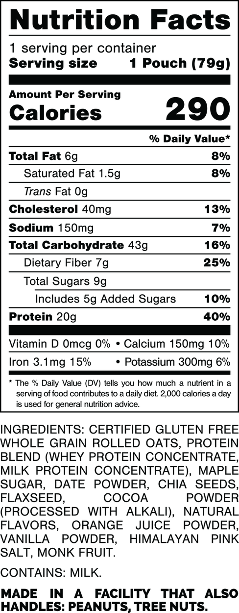 Nutrition Facts.
Serving Size: 1 Pouch (79gram).
Calories: 290.
Total Fat: 6gram 8%.
Saturated Fat: 1.5gram 8%.
Trans Fat: 0gram.
Cholesterol: 40mg 13%.
Sodium: 150mg 7%.
Total Carbohydrates: 43gram 16%.
Dietary Fiber: 7gram 25%.
Total Sugars: 9gram.
Includes 5gram Added Sugars 10%.
Protein: 20gram 40%.
Vitamin D: 0mcg 0%.
Calcium: 150mg 10%.
Iron: 3.1mg 15%.
Potassium: 300mg 6%.

INGREDIENTS: CERTIFIED GLUTEN FREE WHOLE GRAIN ROLLED OATS, PROTEIN BLEND (WHEY PROTEIN CONCENTRATE, MILK PROTEIN CONCENTRATE), MAPLE SUGAR, DATE POWDER, CHIA SEEDS FLAXSEED, COCOA POWDER (PROCESSED WITH ALKALI), NATURAL FLAVORS, ORANGE JUICE POWDER, VANILLA POWDER, HIMALAYAN PINK SALT, MONK FRUIT. 

CONTAINS: MILK.

MADE IN A FACTORY THAT ALSO HANDLES: MILK, PEANUTS, TREE NUTS.