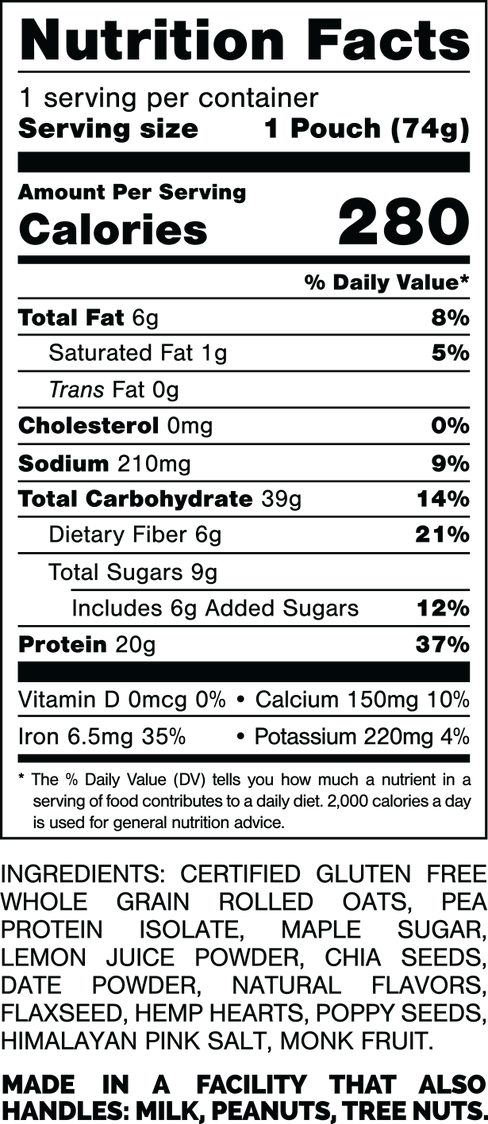 Nutrition Facts.
Serving Size: 1 Pouch (74gram).
Calories: 280.
Total Fat: 6gram 8%.
Saturated Fat: 1gram 5%.
Trans Fat: 0gram.
Cholesterol: 0mg 0%.
Sodium: 210mg 9%.
Total Carbohydrates: 39gram 14%.
Dietary Fiber: 6gram 21%.
Total Sugars: 9gram.
Includes: 6gram Added Sugars 12%.
Protein: 20gram 37%.
Vitamin D: 0mcg 0%.
Calcium: 150mg 10%.
Iron: 6.5mg 35%.
Potassium: 220mg 4%.

INGREDIENTS: CERTIFIED GLUTEN FREE WHOLE GRAIN ROLLED OATS, PEA PROTEIN ISOLATE, MAPLE SUGAR, LEMON JUICE POWDER, CHIA SEEDS, DATE POWDER, NATURAL FLAVORS, FLAXSEED, HEMP HEARTS, POPPY SEEDS, HIMALAYAN PINK SALT, MONK FRUIT.

MADE IN A FACTORY THAT ALSO HANDLES: MILK, PEANUTS, TREE NUTS.