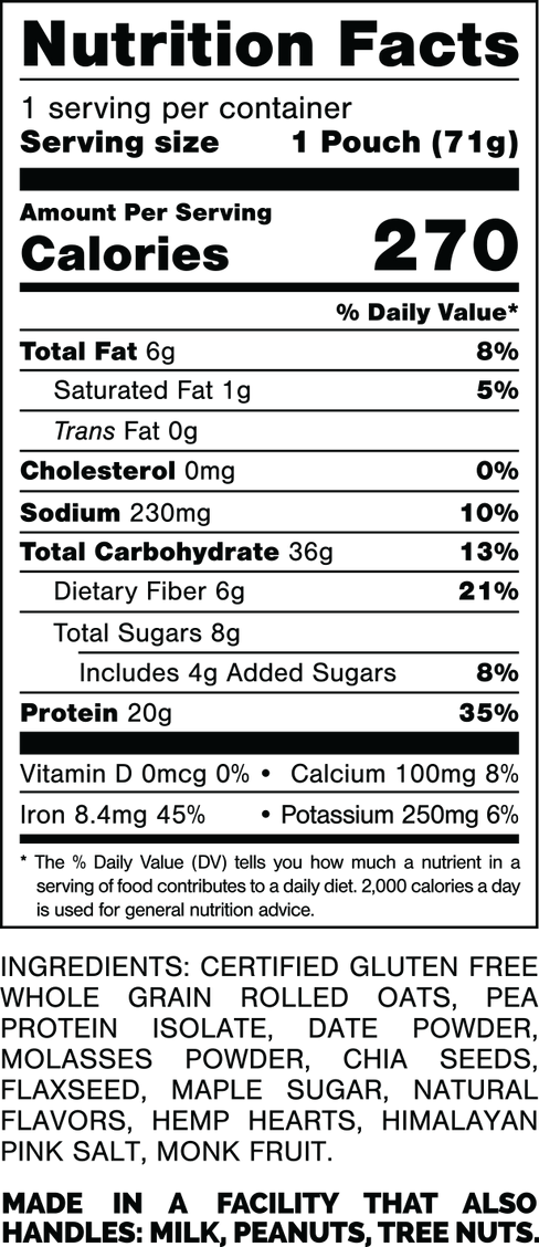 Nutrition Facts.
Serving Size: 1 Pouch (71gram).
Calories: 270.
Total Fat: 6gram 8%.
Saturated Fat: 1gram 5%.
Trans Fat: 0gram.
Cholesterol: 0mg 0%.
Sodium: 230mg 10%.
Total Carbohydrate: 36gram 13%.
Dietary Fiber: 6gram 21%.
Total Sugars: 8gram.
Includes: 4gram Added Sugars 8%.
Protein: 20gram 35%.
Vitamin D: 0mcg 0%.
Calcium: 100mg 8%.
Iron: 8.4mg 45%.
Potassium: 250mg 6%.

INGREDIENTS: CERTIFIED GLUTEN FREE WHOLE GRAIN ROLLED OATS, PEA PROTEIN ISOLATE, DATE POWDER, MOLASSES POWDER, CHIA SEEDS, FLAXSEED, MAPLE SUGAR, NATURAL FLAVORS, HEMP HEARTS, HIMALAYAN PINK SALT, MONK FRUIT. 

MADE IN A FACILITY THAT ALSO HANDLES: MILK, PEANUTS, TREE NUTS.