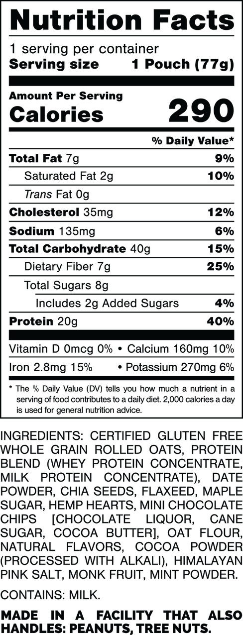Nutrition Facts.
Serving Size: 1 Pouch (77gram).
Calories: 290.
Total Fat: 6gram 8%.
Saturated Fat: 1.5gram 8%.
Trans Fat: 0gram.
Cholesterol: 35mg 12%.
Sodium: 135mg 6%.
Total Carbohydrates: 40gram 15%.
Dietary Fiber: 7gram 25%.
Total Sugars: 8gram.
Includes: 3gram Added Sugars 6%.
Protein: 20gram 40%.
Vitamin D: 0mcg 0%.
Calcium: 160mg 10%.
Iron: 2.7mg 15%.
Potassium: 270mg 6%.

INGREDIENTS: CERTIFIED GLUTEN FREE WHOLE GRAIN ROLLED OATS, PROTEIN BLEND (WHEY PROTEIN CONCENTRATE, MILK PROTEIN CONCENTRATE) DATE POWDER, CHIA SEEDS, FLAXSEED, MAPLE SUGAR, HEMP HEARTS, MINI CHOCOLATE CHIPS (CHOCOLATE LIQUOR, CANE SUGAR, COCOA BUTTER), OAT FLOUR, NATURAL FLAVORS, COCOA POWDER (PROCESSED WITH ALKALI), HIMALAYAN PINK SALT, MONK FRUIT, MINT POWDER.

CONTAINS: MILK

MADE IN A FACILITY THAT ALSO HANDLES: PEANUTS, TREE NUTS.