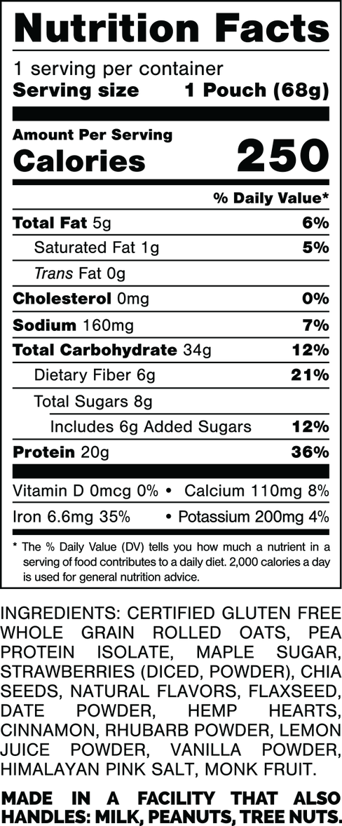 Nutrition Facts.
Serving Size: 1 Pouch (68gram).
Calories: 250.
Total Fat: 5gram 6%.
Saturated Fat: 1gram 5%.
Trans Fat: 0gram.
Cholesterol: 0mg 0%.
Sodium: 160mg 7%.
Total Carbohydrates: 34gram 12%.
Dietary Fiber: 6gram 21%.
Total Sugars: 8gram.
Includes: 6gram Added Sugars 12%.
Protein: 20gram 36%.
Vitamin D: 0mcg 0%.
Calcium: 110mg 8%.
Iron: 6.6mg 35%.
Potassium: 200mg 4%.

INGREDIENTS: CERTIFIED GLUTEN FREE WHOLE GRAIN ROLLED OATS, PEA PROTEIN ISOLATE, MAPLE SUGAR, STRAWBERRIES (DICED, POWDER), CHIA SEEDS, NATURAL FLAVORS, FLAXSEED DATE POWDER, HEMP HEARTS, CINNAMON, RHUBARB POWDER, LEMON JUICE POWDER, VANILLA POWDER, HIMALAYAN PINK SALT, MONK FRUIT.

MADE IN A FACTORY THAT ALSO HANDLES: MILK, PEANUTS, TREE NUTS.